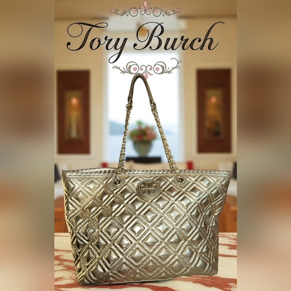 Tory Burch Metallic Gold Quilted Leather Marion With Dustbag Good Condition - Picture 1 of 15